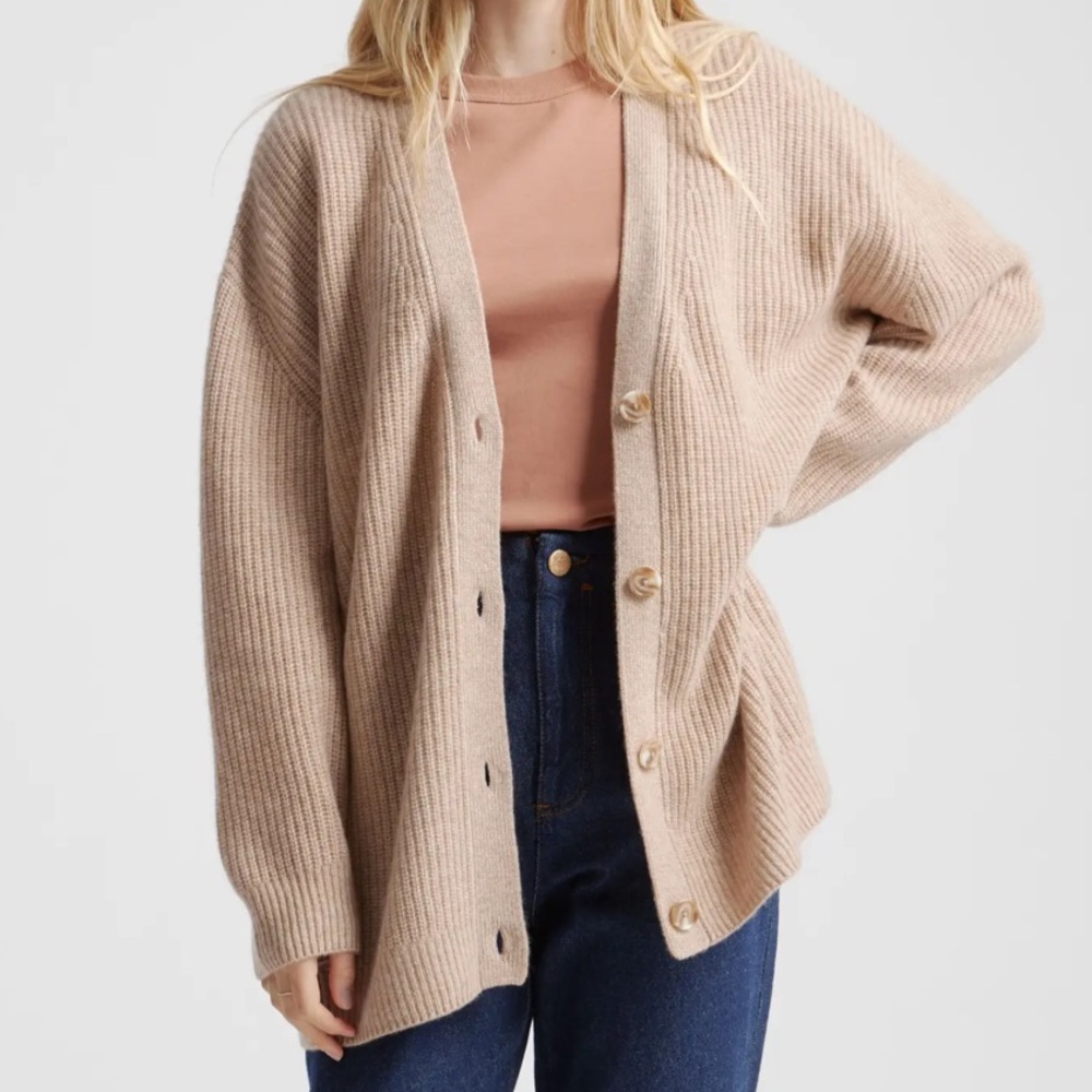 Quince Mongolian Cashmere Oversized Boyfriend Cardigan Sweater, Oatmeal